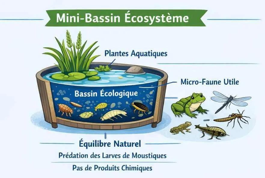Schéma du mini-bassin écosystème : plantes aquatiques, micro-faune utile, prédation des larves, pas de produits chimiques
